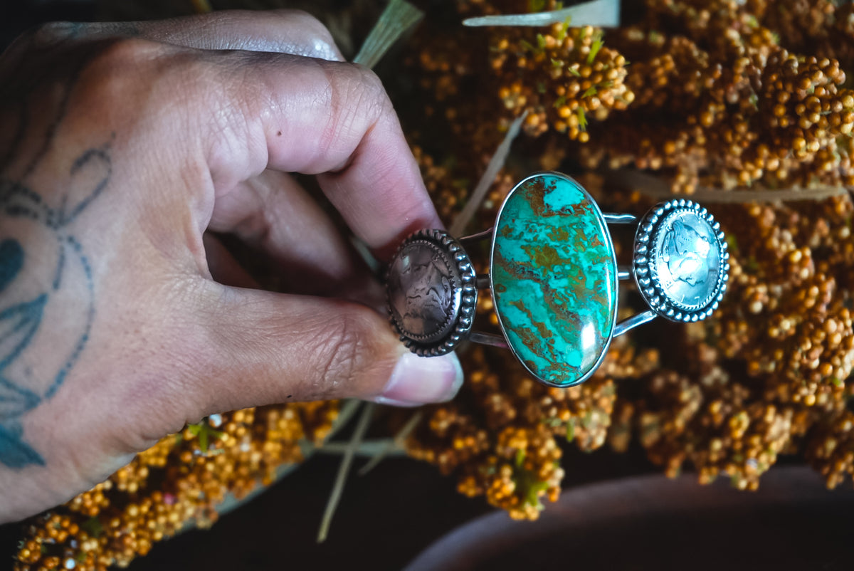 Adjustable | Heirloom Weight Handmade Sterling Silver Kingman Turquoise & Mercury Dime Cuff Bracelet | Western Statement Cuff