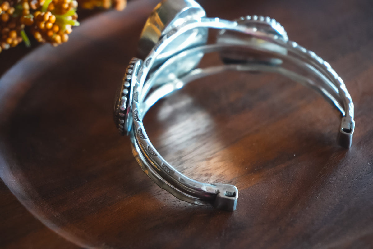Adjustable | Heirloom Weight Handmade Sterling Silver Kingman Turquoise & Mercury Dime Cuff Bracelet | Western Statement Cuff