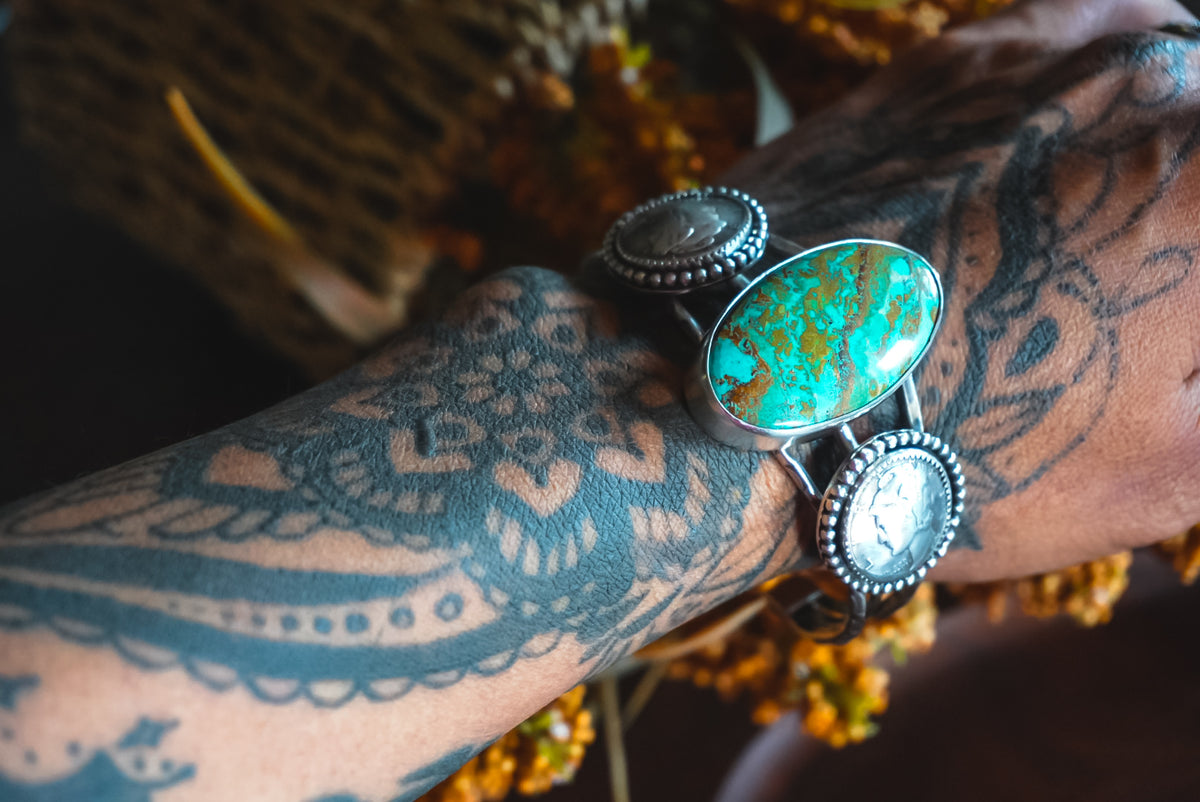 Adjustable | Heirloom Weight Handmade Sterling Silver Kingman Turquoise & Mercury Dime Cuff Bracelet | Western Statement Cuff