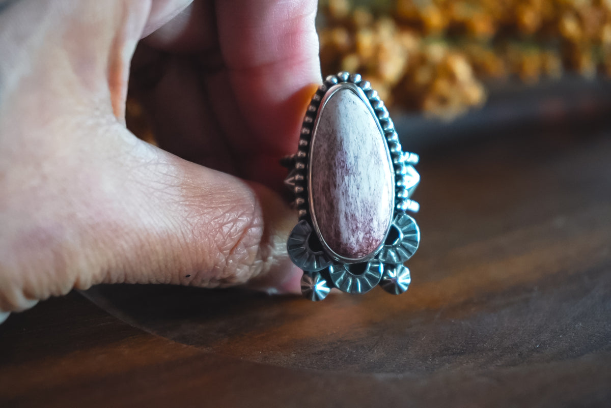 Size 8 | Heirloom Weight Handmade Sterling Silver Red Buffalo Ring | Hand-Stamped Floral Western Statement Ring