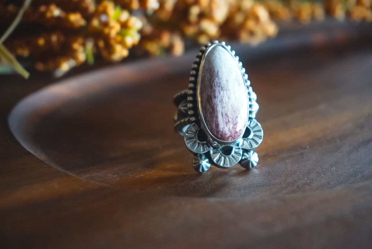 Size 8 | Heirloom Weight Handmade Sterling Silver Red Buffalo Ring | Hand-Stamped Floral Western Statement Ring