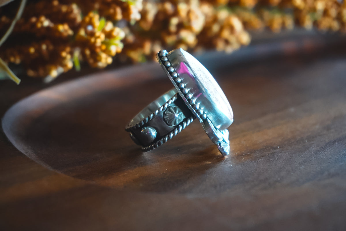Size 8 | Heirloom Weight Handmade Sterling Silver Red Buffalo Ring | Hand-Stamped Floral Western Statement Ring