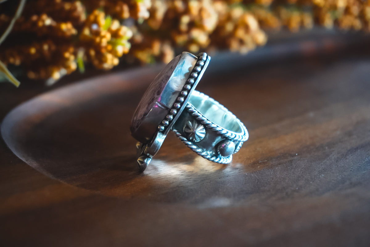 Size 8 | Heirloom Weight Handmade Sterling Silver Red Buffalo Ring | Hand-Stamped Floral Western Statement Ring