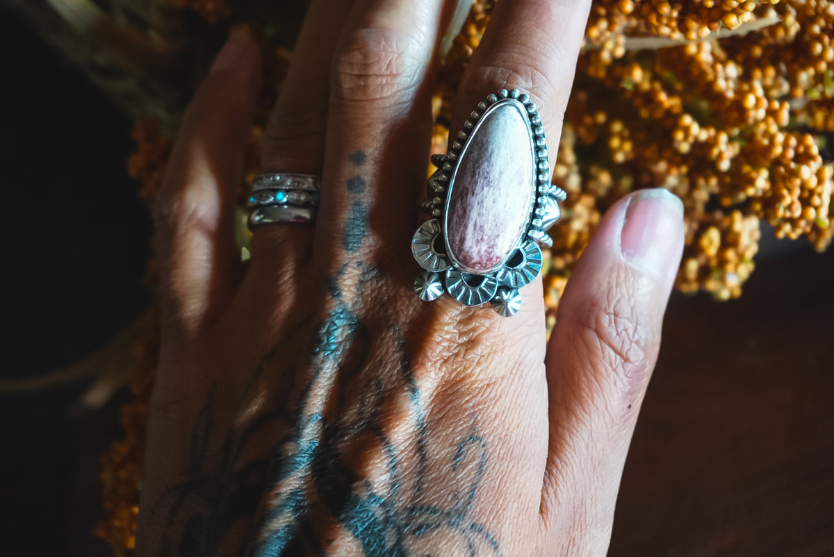 Size 8 | Heirloom Weight Handmade Sterling Silver Red Buffalo Ring | Hand-Stamped Floral Western Statement Ring