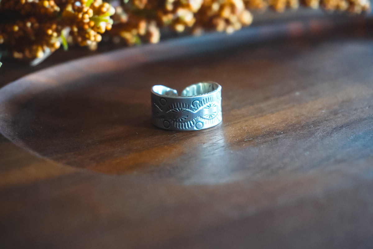Adjustable 9-12 | Heirloom Weight Handmade Sterling Silver Ring | Hand-Stamped Floral Western Wide Band Ring