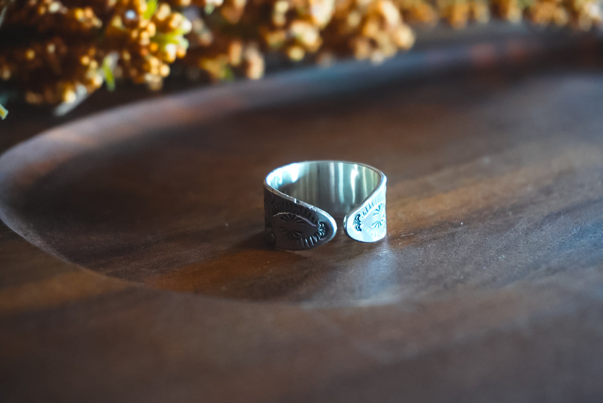 Adjustable 9-12 | Heirloom Weight Handmade Sterling Silver Ring | Hand-Stamped Floral Western Wide Band Ring