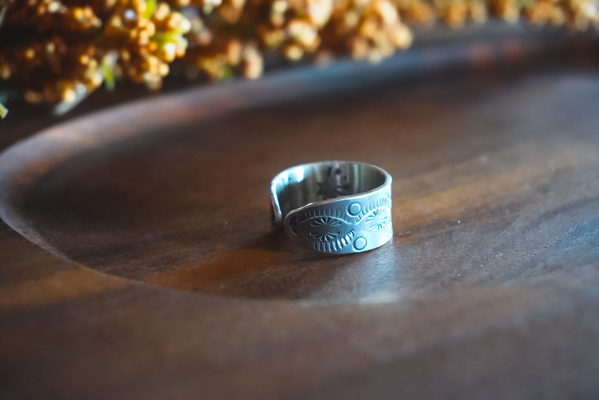 Adjustable 9-12 | Heirloom Weight Handmade Sterling Silver Ring | Hand-Stamped Floral Western Wide Band Ring