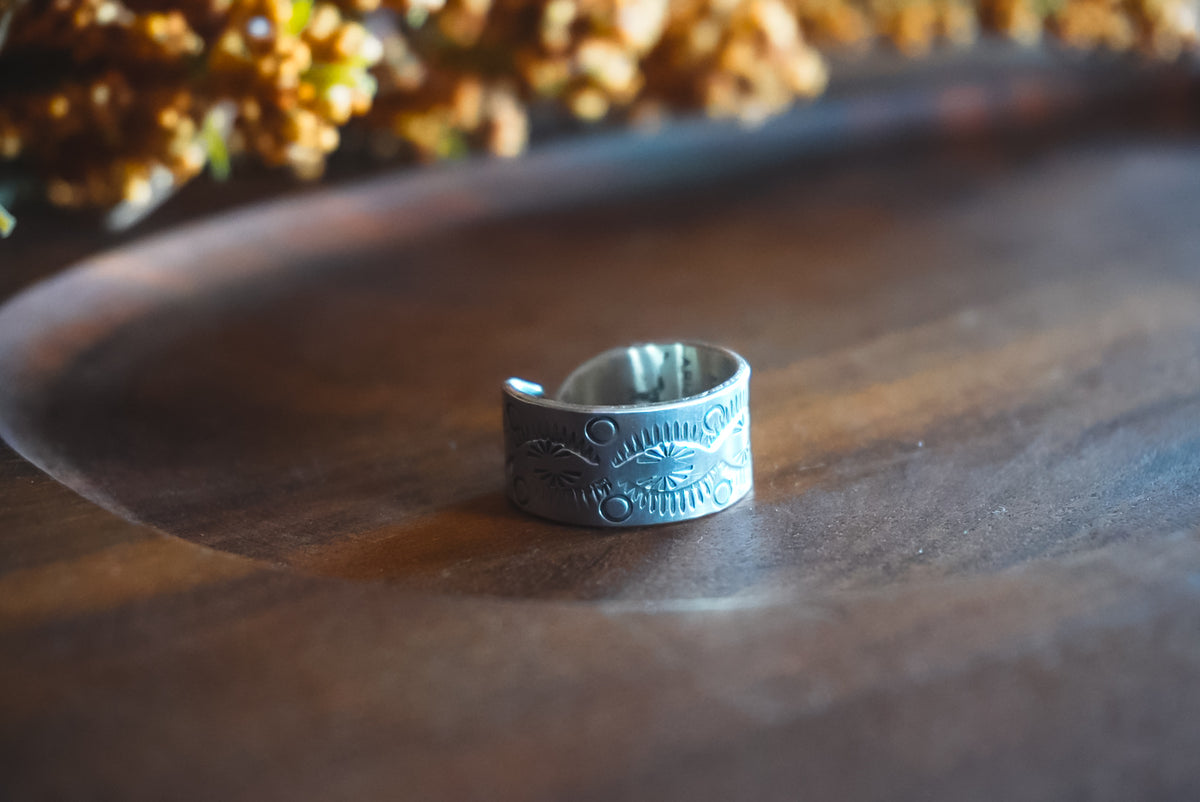 Adjustable 9-12 | Heirloom Weight Handmade Sterling Silver Ring | Hand-Stamped Floral Western Wide Band Ring