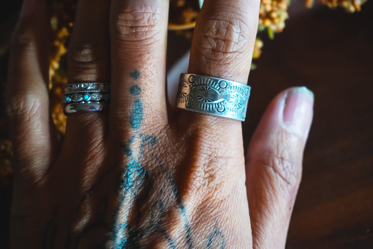 Adjustable 9-12 | Heirloom Weight Handmade Sterling Silver Ring | Hand-Stamped Floral Western Wide Band Ring