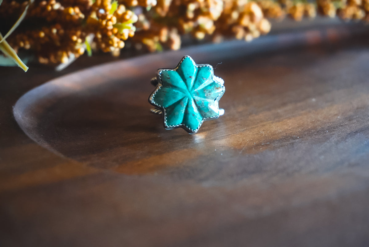 Size 6.75 | Heirloom Weight Handmade Sterling Silver Patagonia Turquoise Ring | Hand-Stamped Flower Western Statement Ring