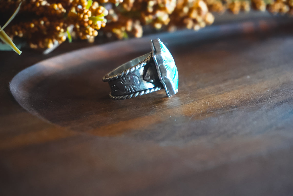 Size 6.75 | Heirloom Weight Handmade Sterling Silver Patagonia Turquoise Ring | Hand-Stamped Flower Western Statement Ring