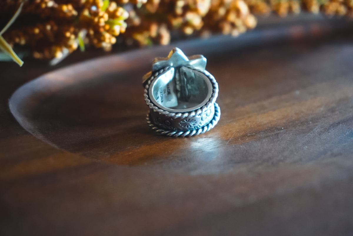 Size 6.75 | Heirloom Weight Handmade Sterling Silver Patagonia Turquoise Ring | Hand-Stamped Flower Western Statement Ring