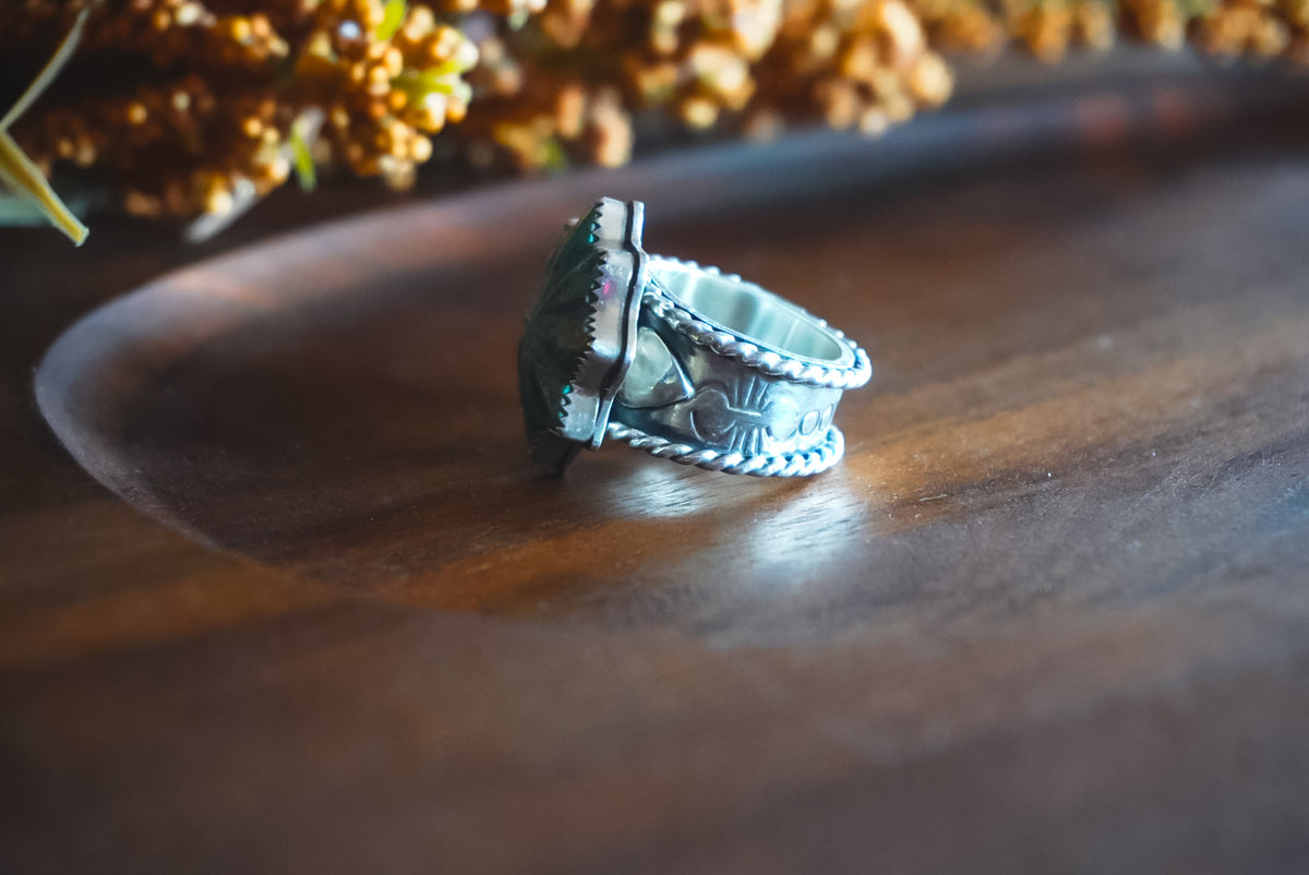 Size 6.75 | Heirloom Weight Handmade Sterling Silver Patagonia Turquoise Ring | Hand-Stamped Flower Western Statement Ring