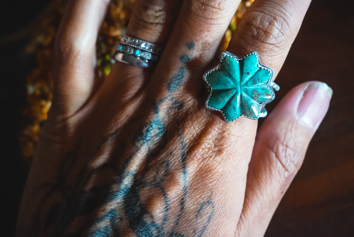 Size 6.75 | Heirloom Weight Handmade Sterling Silver Patagonia Turquoise Ring | Hand-Stamped Flower Western Statement Ring
