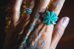Size 6.75 | Heirloom Weight Handmade Sterling Silver Patagonia Turquoise Ring | Hand-Stamped Flower Western Statement Ring