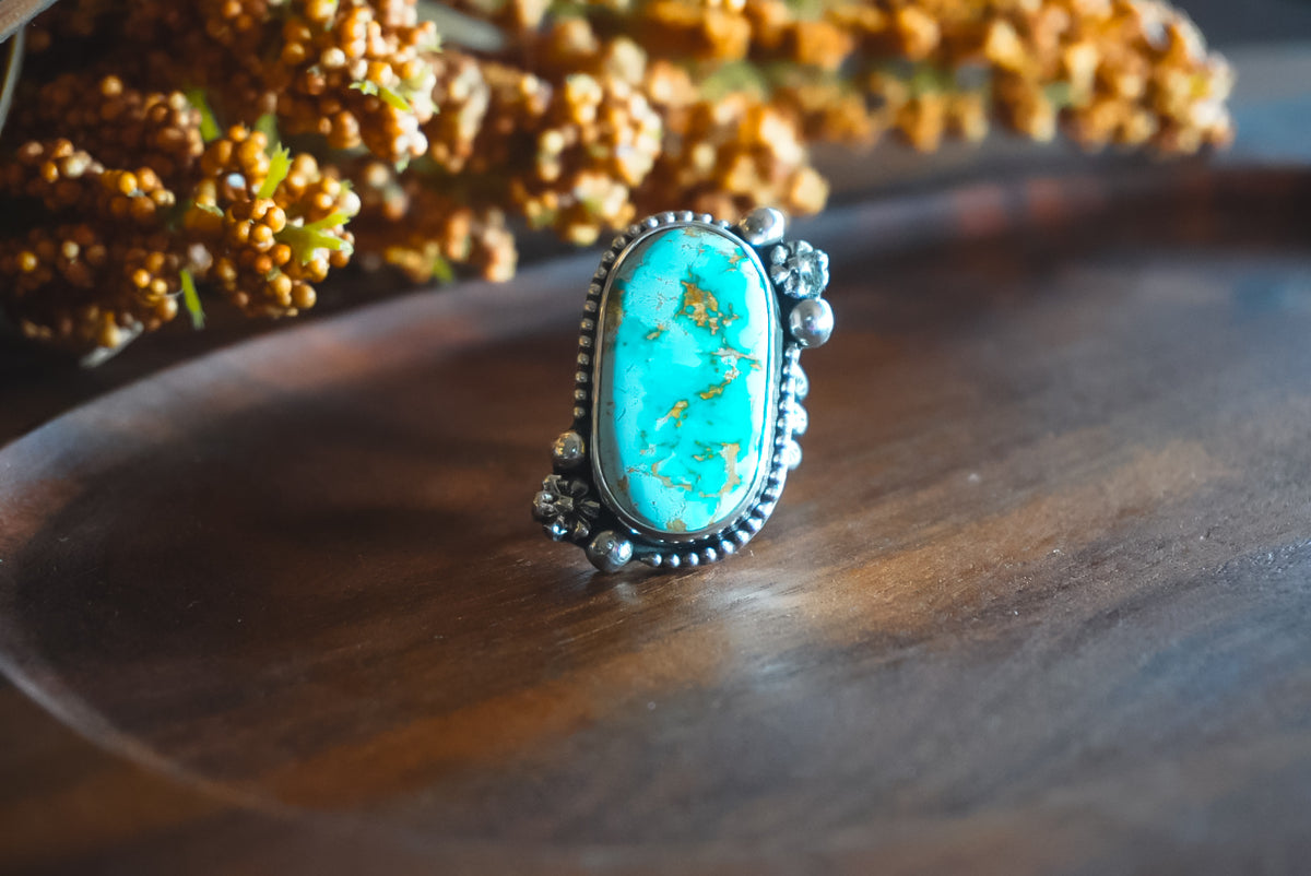 Size 10.5 | Heirloom Weight Handmade Sterling Silver Royston Turquoise Ring | Hand-Stamped Western Statement Ring