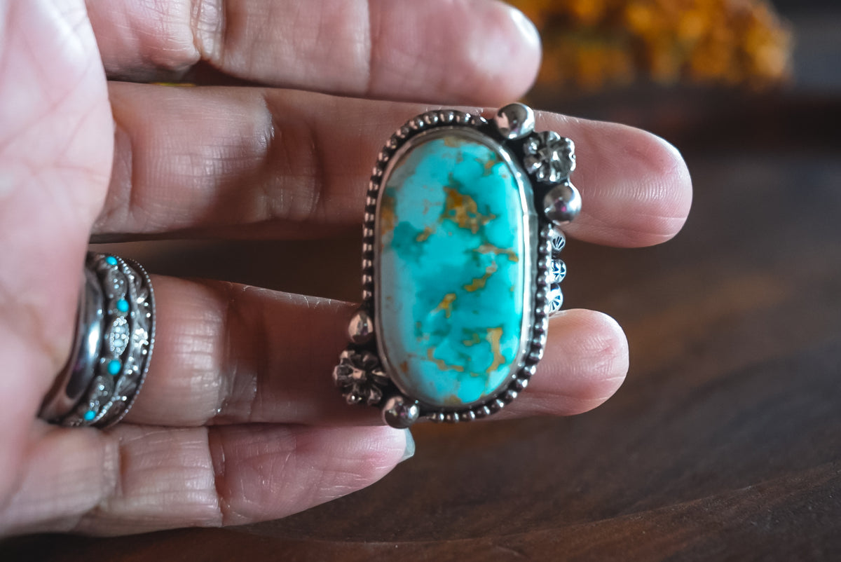 Size 10.5 | Heirloom Weight Handmade Sterling Silver Royston Turquoise Ring | Hand-Stamped Western Statement Ring