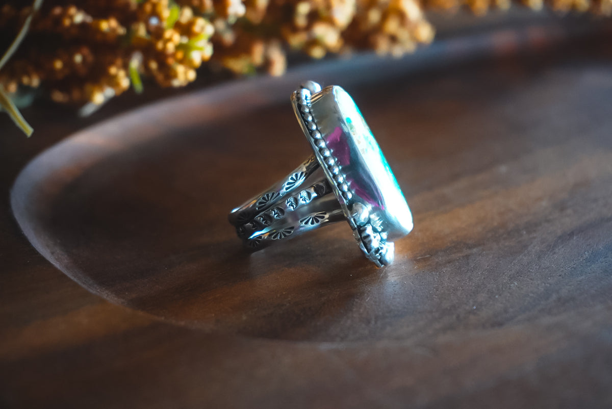 Size 10.5 | Heirloom Weight Handmade Sterling Silver Royston Turquoise Ring | Hand-Stamped Western Statement Ring