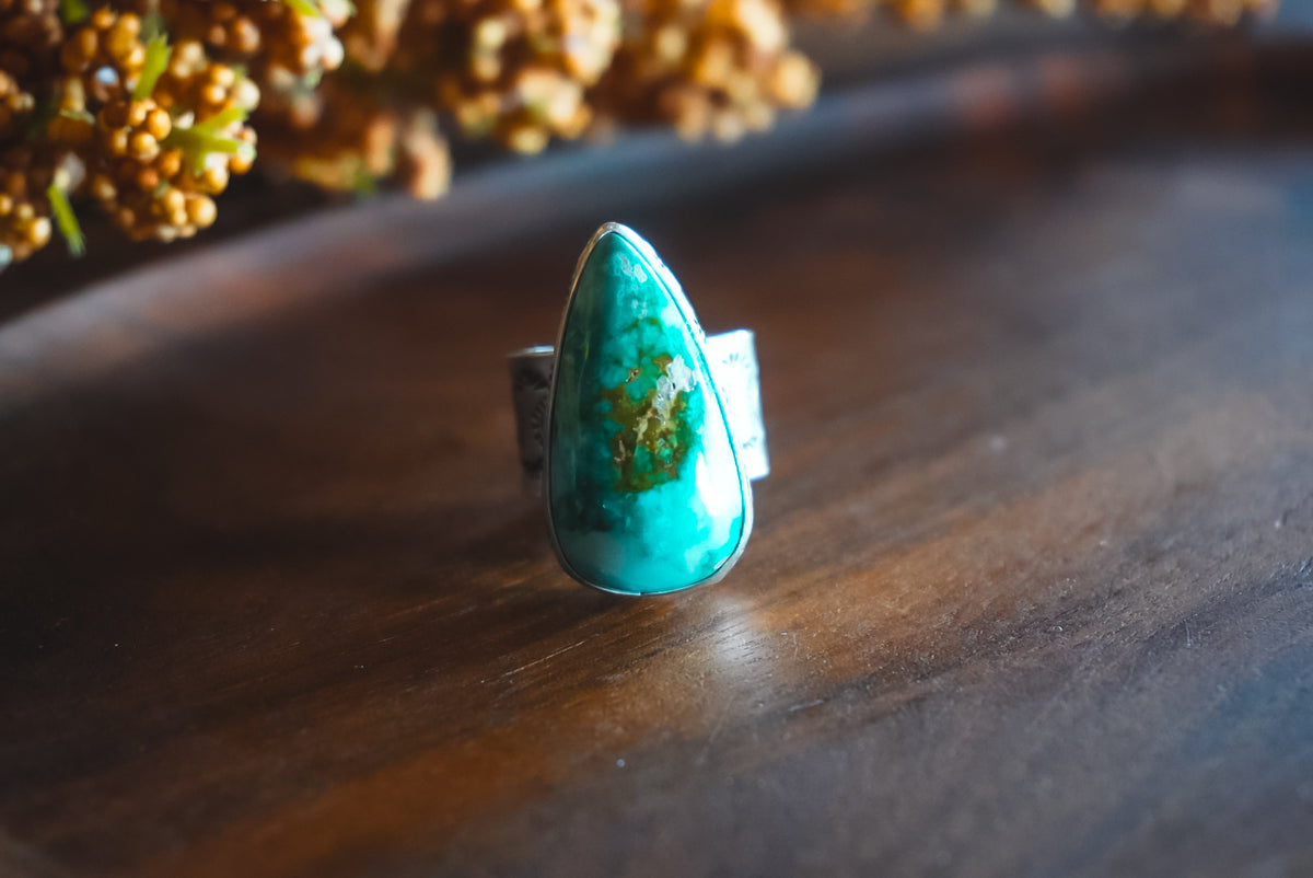 Size 5.5 | Heirloom Weight Handmade Sterling Silver Blue Diamond Turquoise Ring | Hand-Stamped Western Statement Ring