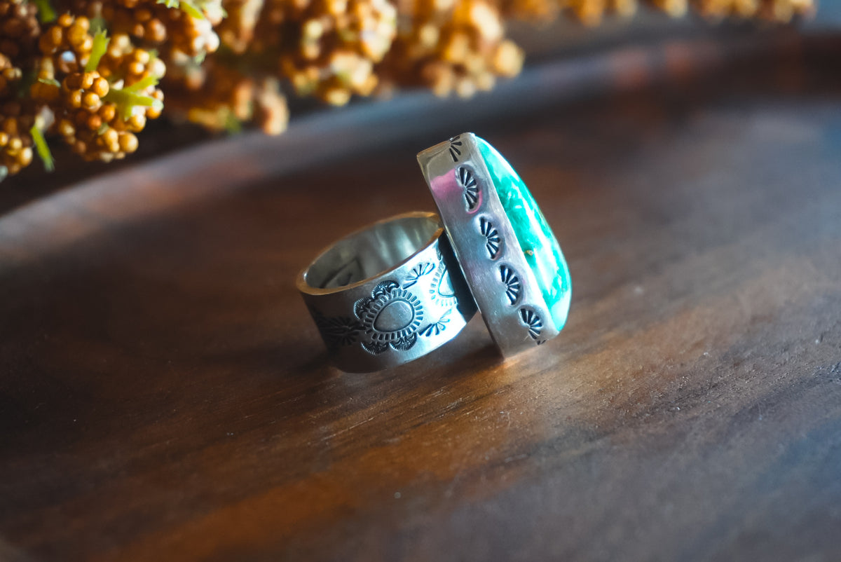Size 5.5 | Heirloom Weight Handmade Sterling Silver Blue Diamond Turquoise Ring | Hand-Stamped Western Statement Ring