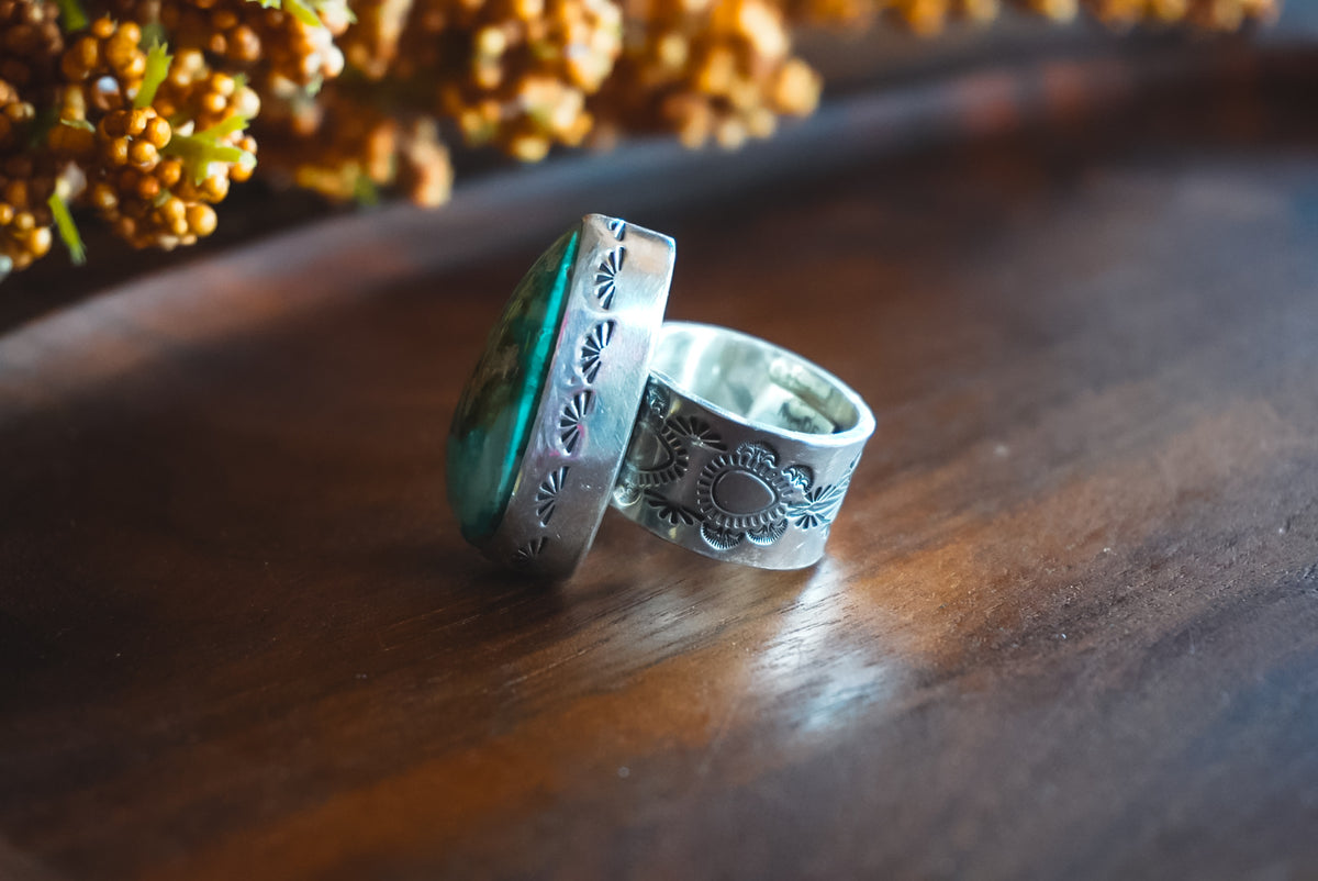 Size 5.5 | Heirloom Weight Handmade Sterling Silver Blue Diamond Turquoise Ring | Hand-Stamped Western Statement Ring