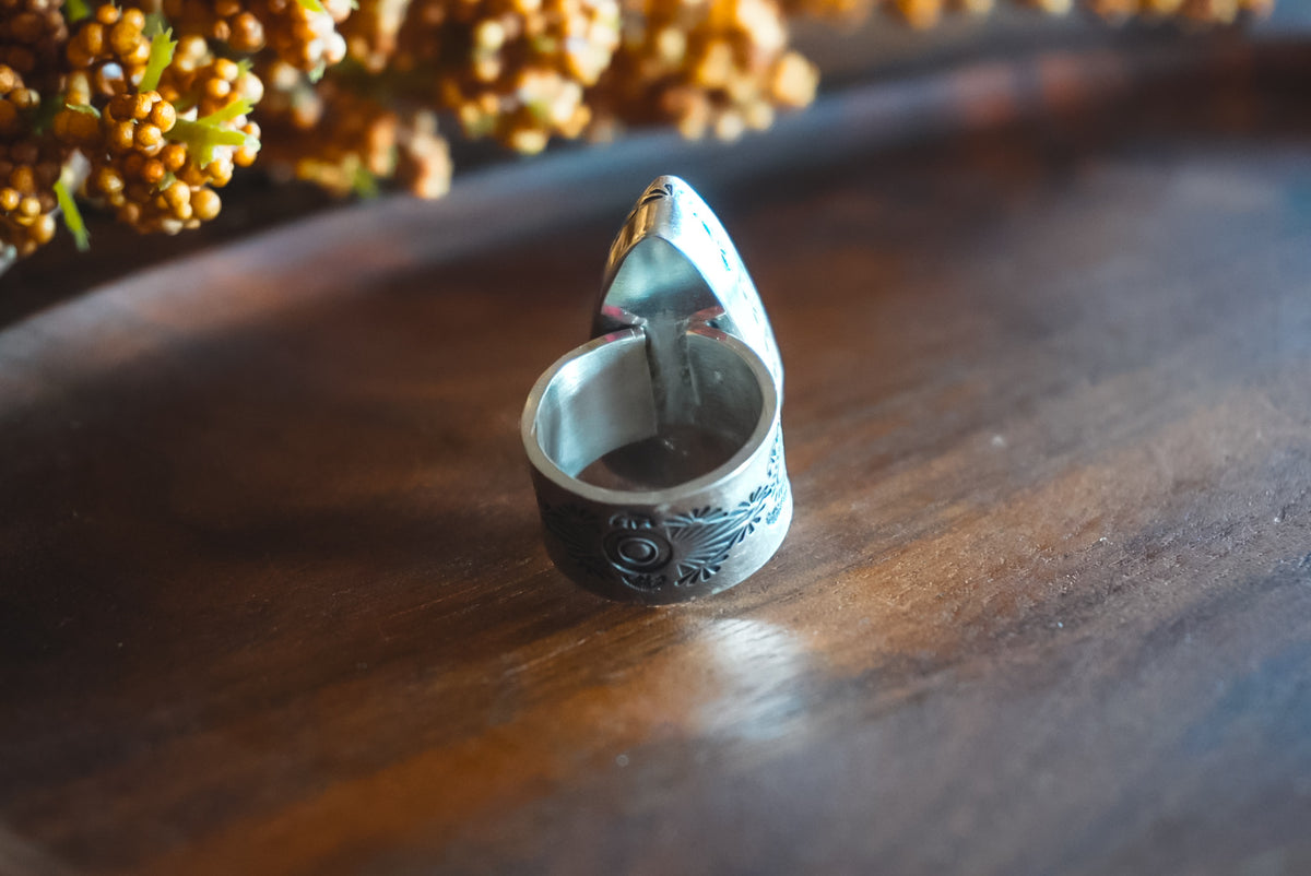 Size 5.5 | Heirloom Weight Handmade Sterling Silver Blue Diamond Turquoise Ring | Hand-Stamped Western Statement Ring