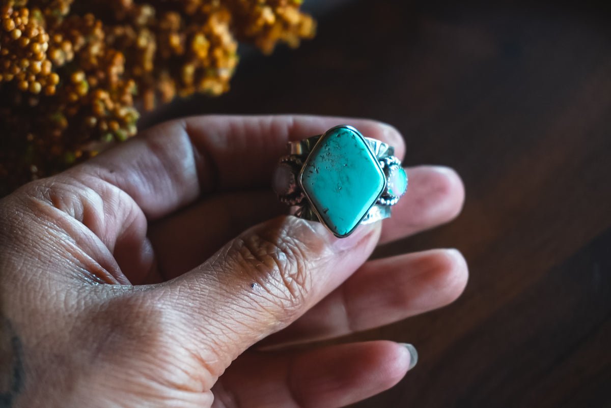 Size 9 | Heirloom Weight Handmade Sterling Silver Royston Turquoise & Lab Created Aurora Opals Ring | Hand-Stamped Flower Western Statement Ring