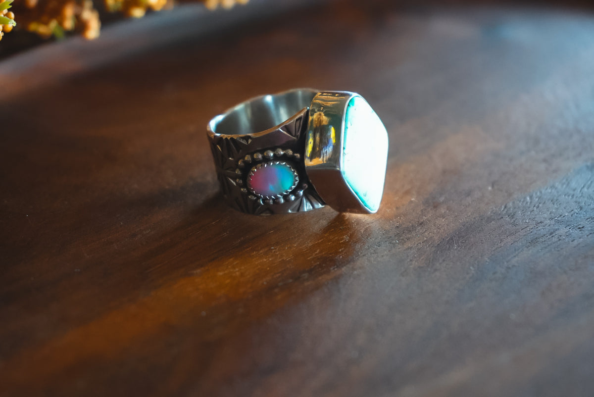 Size 9 | Heirloom Weight Handmade Sterling Silver Royston Turquoise & Lab Created Aurora Opals Ring | Hand-Stamped Flower Western Statement Ring
