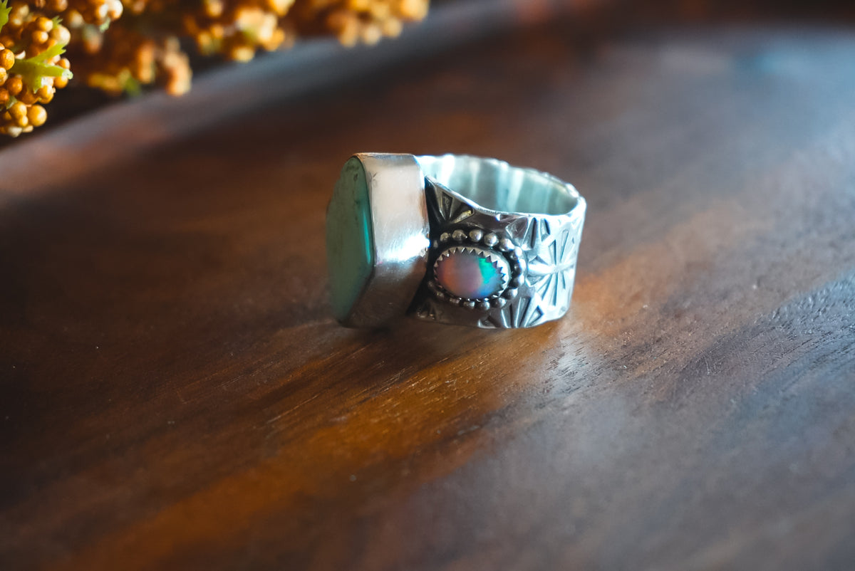 Size 9 | Heirloom Weight Handmade Sterling Silver Royston Turquoise & Lab Created Aurora Opals Ring | Hand-Stamped Flower Western Statement Ring