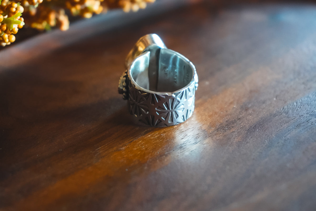 Size 9 | Heirloom Weight Handmade Sterling Silver Royston Turquoise & Lab Created Aurora Opals Ring | Hand-Stamped Flower Western Statement Ring