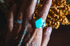 Size 9 | Heirloom Weight Handmade Sterling Silver Royston Turquoise & Lab Created Aurora Opals Ring | Hand-Stamped Flower Western Statement Ring