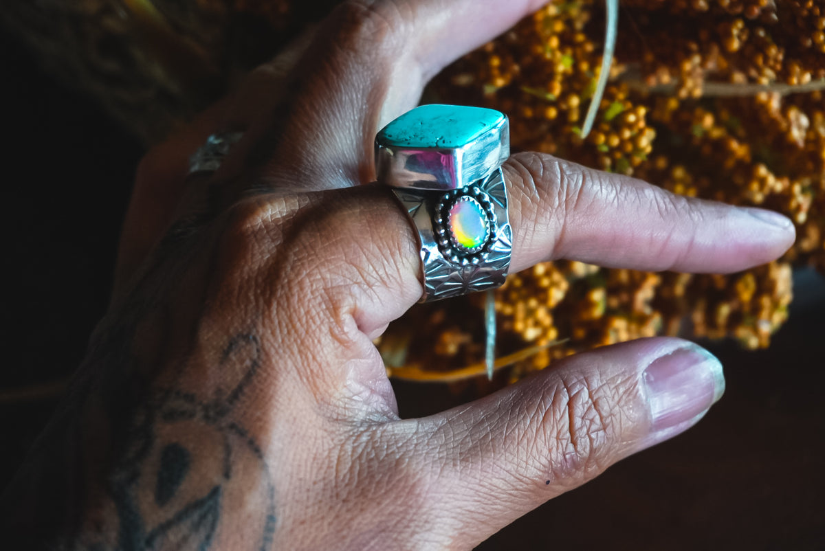 Size 9 | Heirloom Weight Handmade Sterling Silver Royston Turquoise & Lab Created Aurora Opals Ring | Hand-Stamped Flower Western Statement Ring