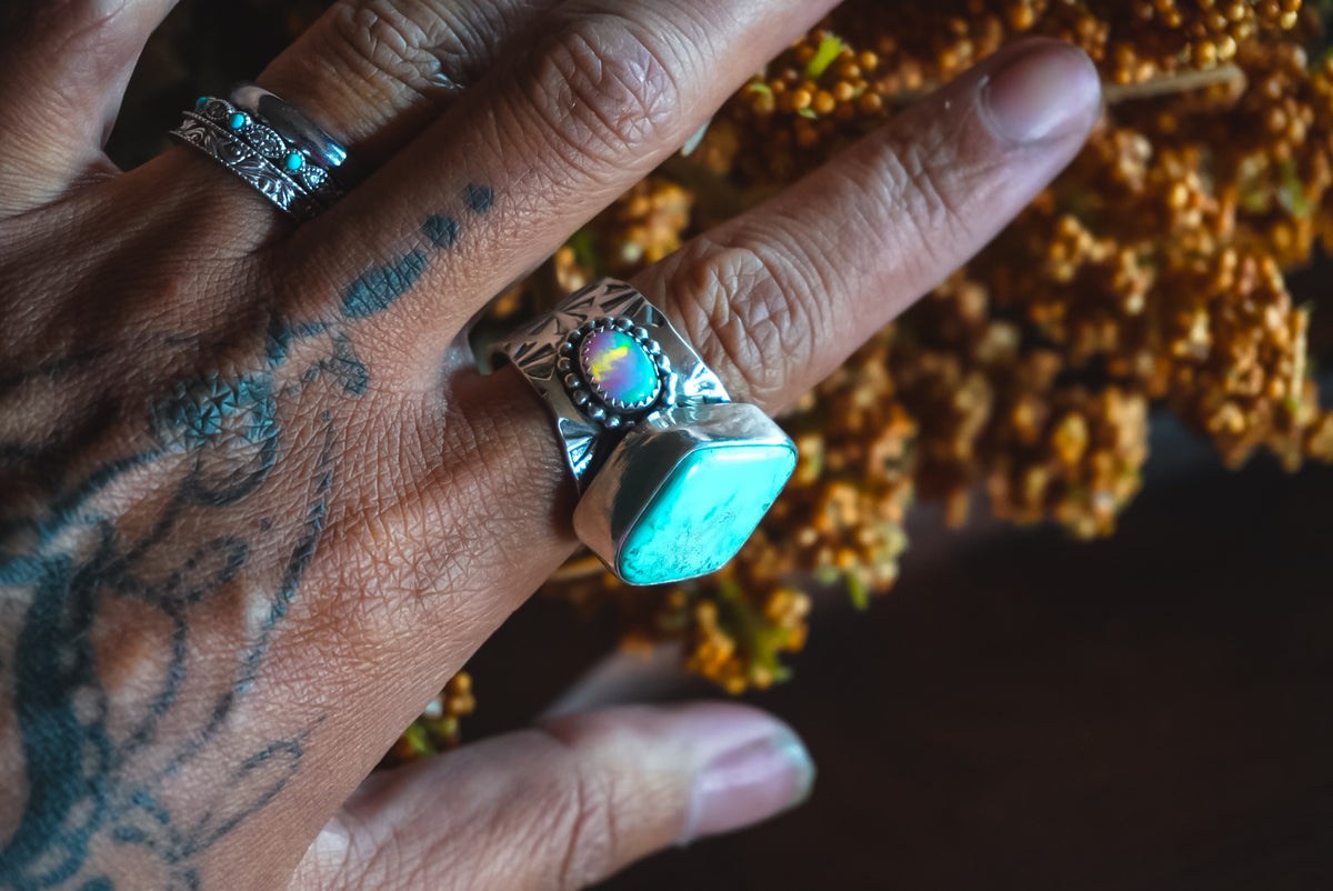Size 9 | Heirloom Weight Handmade Sterling Silver Royston Turquoise & Lab Created Aurora Opals Ring | Hand-Stamped Flower Western Statement Ring