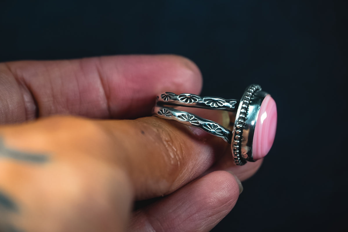 Size Adjustable | Everyday Weight Handmade Sterling Silver Pink Conch Ring | Hand-Stamped Floral Western Band Ring