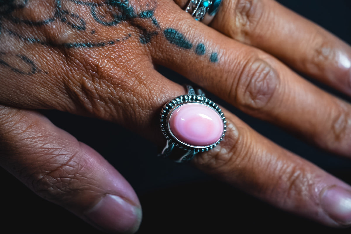 Size Adjustable | Everyday Weight Handmade Sterling Silver Pink Conch Ring | Hand-Stamped Floral Western Band Ring