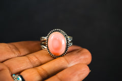 Size Adjustable | Everyday Weight Handmade Sterling Silver Pink Conch Ring | Hand-Stamped Floral Western Band Ring