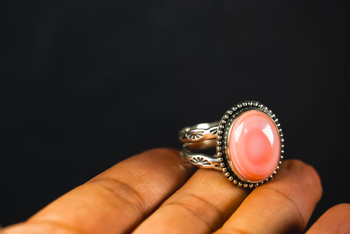 Size Adjustable | Everyday Weight Handmade Sterling Silver Pink Conch Ring | Hand-Stamped Floral Western Band Ring