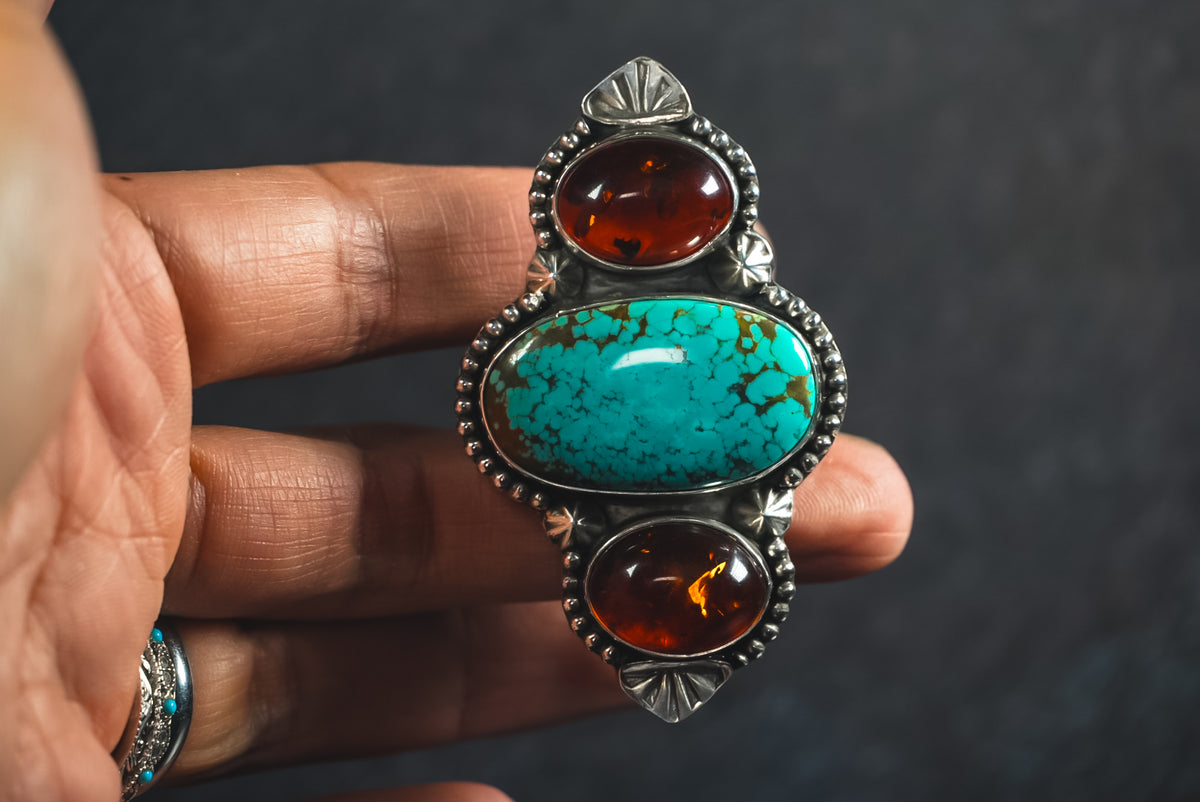 Size 8 | Heirloom Weight Handmade Sterling Silver Baltic Amber & Iron Maiden Turquoise Ring | Hand-Stamped Statement Western Ring