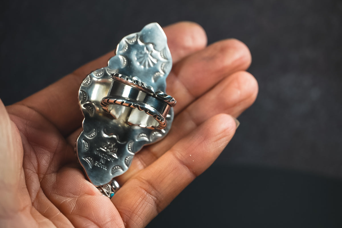 Size 8 | Heirloom Weight Handmade Sterling Silver Baltic Amber & Iron Maiden Turquoise Ring | Hand-Stamped Statement Western Ring