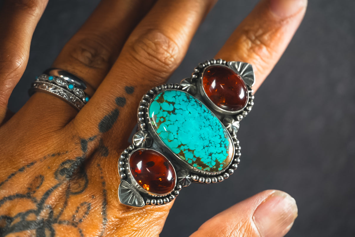 Size 8 | Heirloom Weight Handmade Sterling Silver Baltic Amber & Iron Maiden Turquoise Ring | Hand-Stamped Statement Western Ring