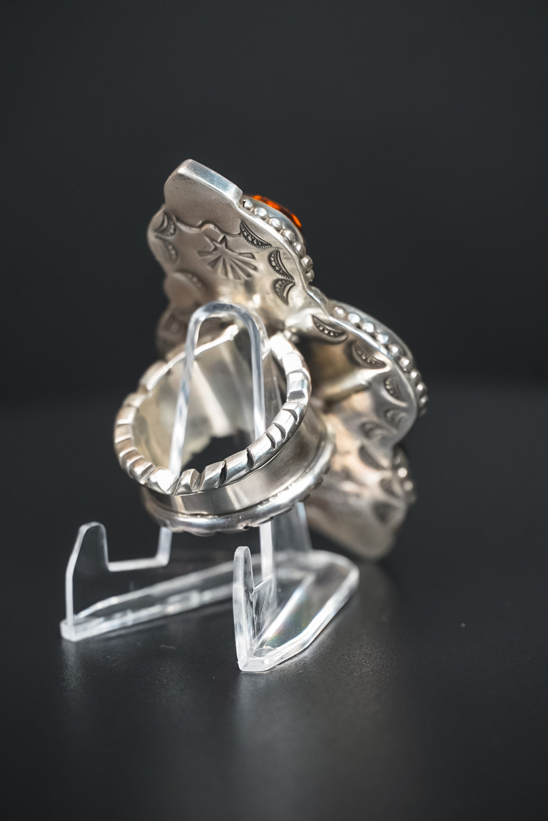 Size 8 | Heirloom Weight Handmade Sterling Silver Baltic Amber & Iron Maiden Turquoise Ring | Hand-Stamped Statement Western Ring