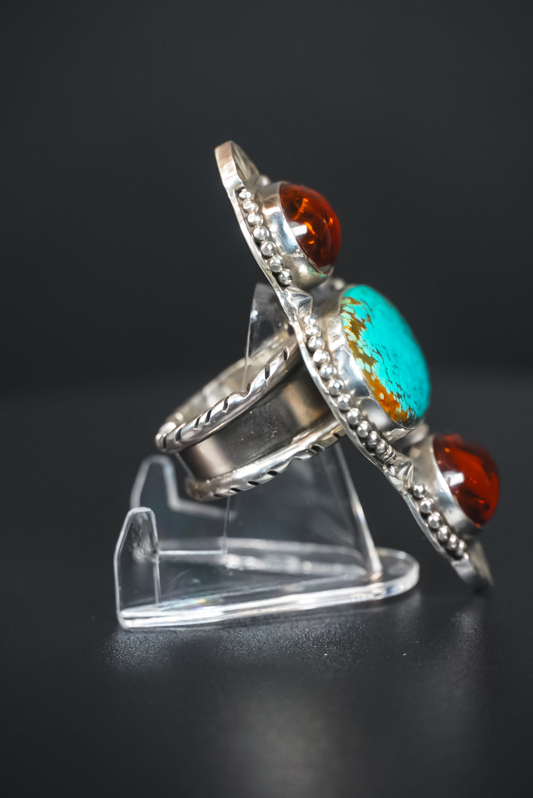 Size 8 | Heirloom Weight Handmade Sterling Silver Baltic Amber & Iron Maiden Turquoise Ring | Hand-Stamped Statement Western Ring