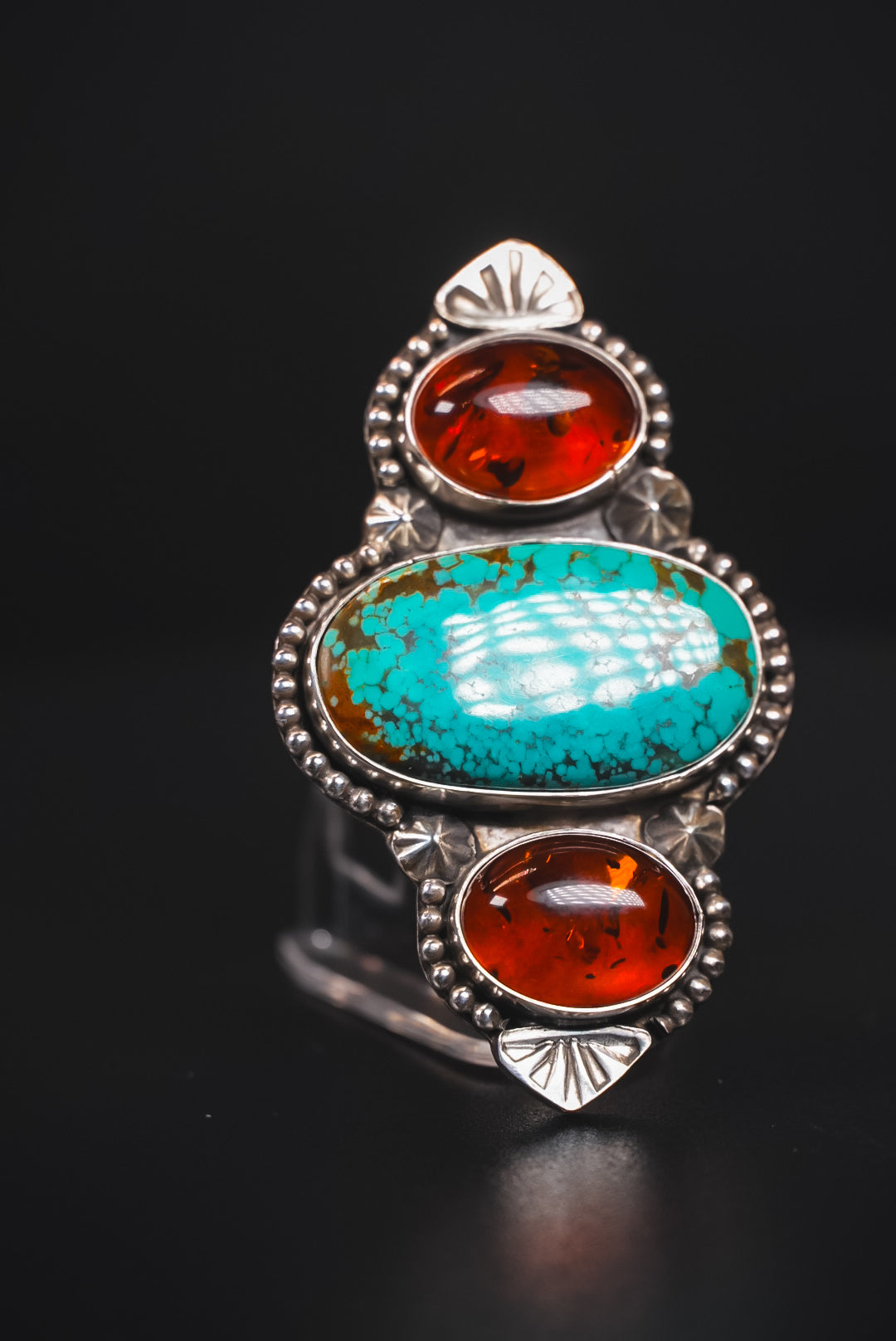 Size 8 | Heirloom Weight Handmade Sterling Silver Baltic Amber & Iron Maiden Turquoise Ring | Hand-Stamped Statement Western Ring