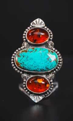 Size 8 | Heirloom Weight Handmade Sterling Silver Baltic Amber & Iron Maiden Turquoise Ring | Hand-Stamped Statement Western Ring