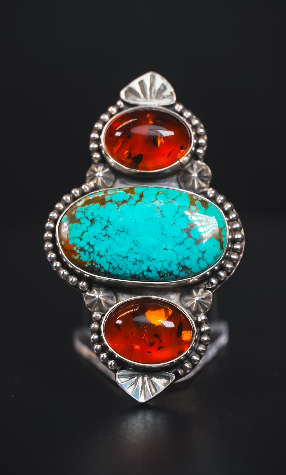 Size 8 | Heirloom Weight Handmade Sterling Silver Baltic Amber & Iron Maiden Turquoise Ring | Hand-Stamped Statement Western Ring