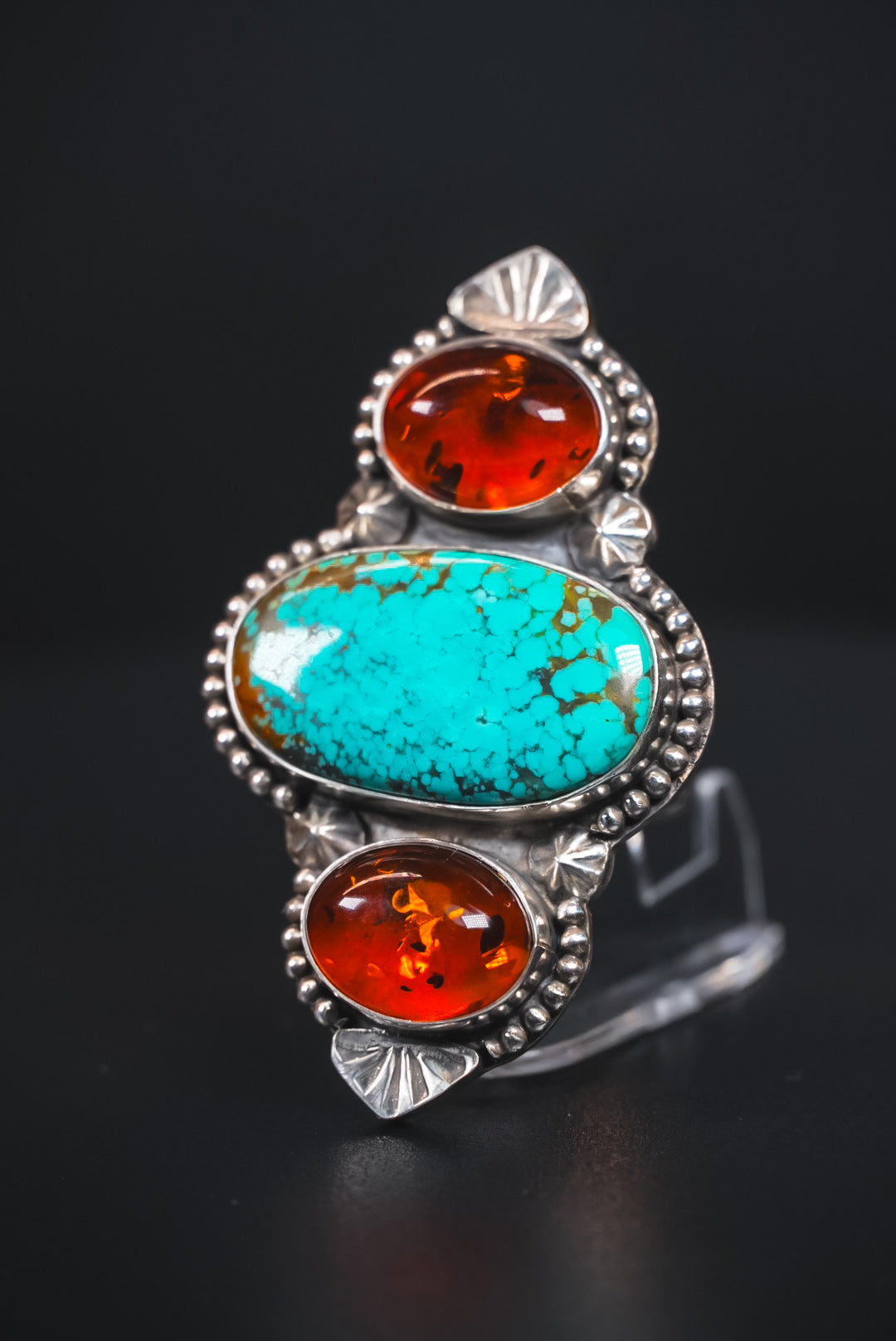 Size 8 | Heirloom Weight Handmade Sterling Silver Baltic Amber & Iron Maiden Turquoise Ring | Hand-Stamped Statement Western Ring