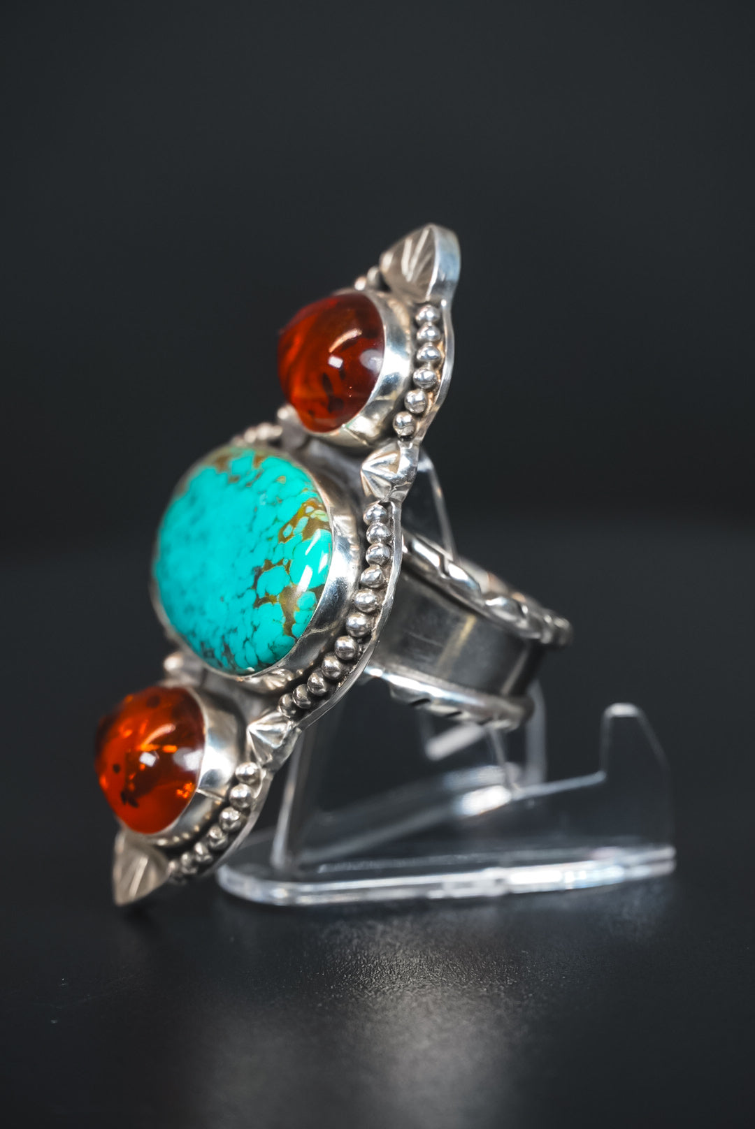 Size 8 | Heirloom Weight Handmade Sterling Silver Baltic Amber & Iron Maiden Turquoise Ring | Hand-Stamped Statement Western Ring