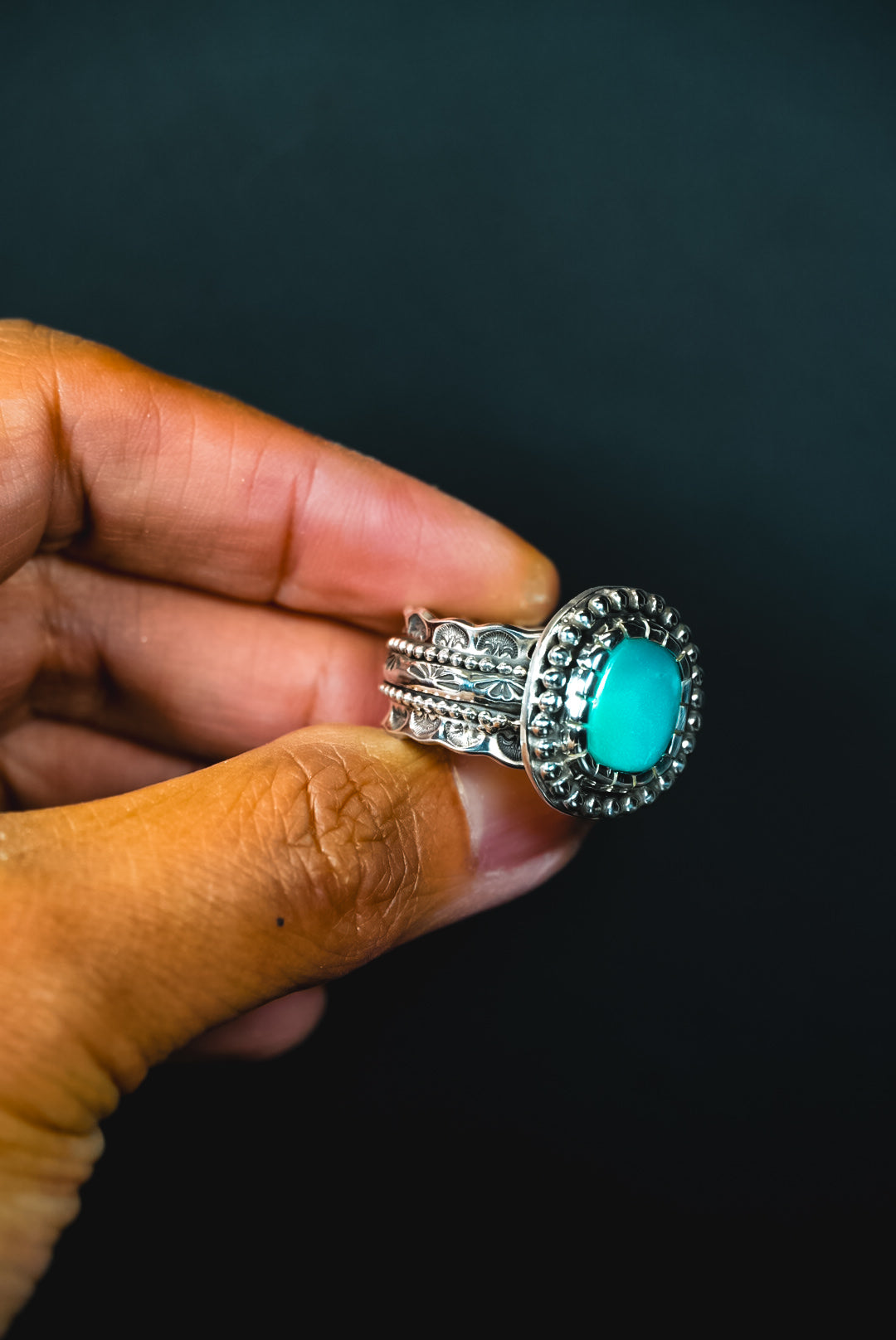 Size 8 | Heirloom Weight Handmade Sterling Silver Royston Turquoise Ring | Hand-Stamped Western Statement Ring