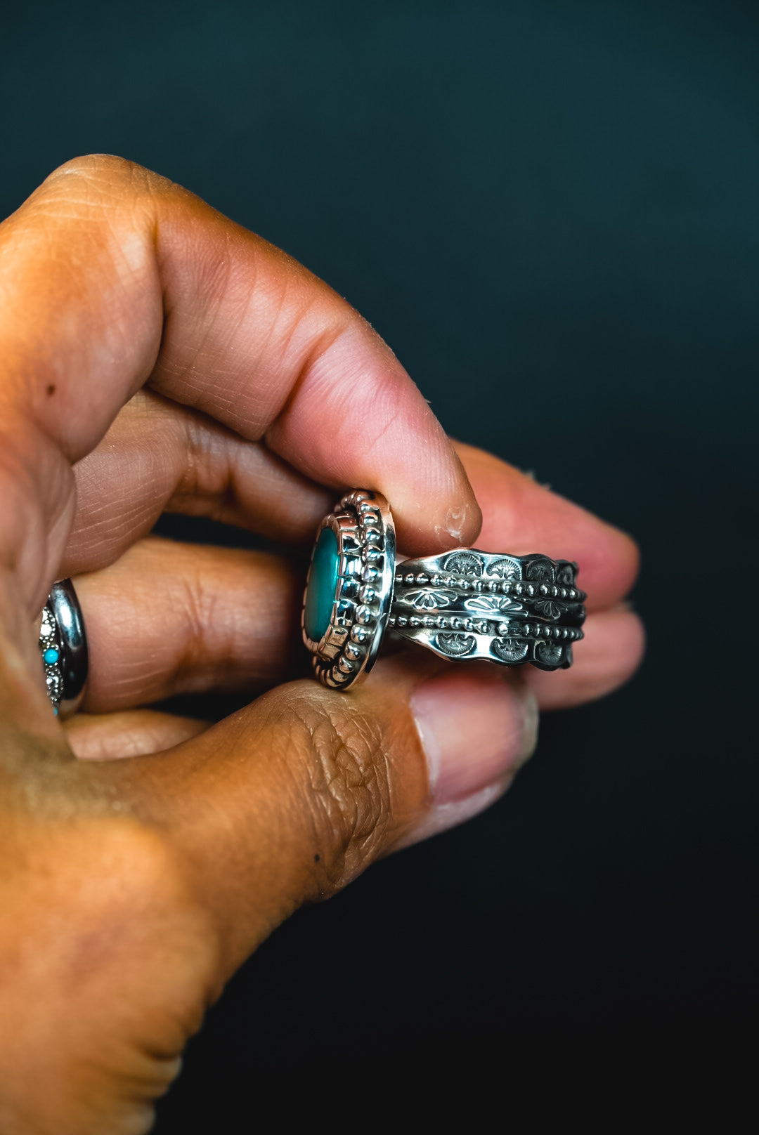 Size 8 | Heirloom Weight Handmade Sterling Silver Royston Turquoise Ring | Hand-Stamped Western Statement Ring