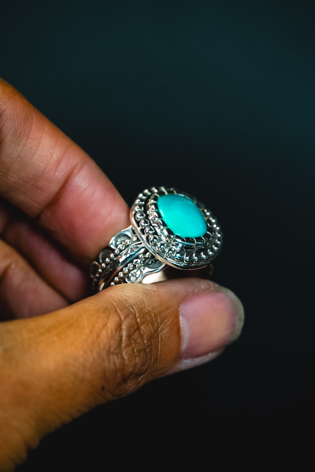 Size 8 | Heirloom Weight Handmade Sterling Silver Royston Turquoise Ring | Hand-Stamped Western Statement Ring